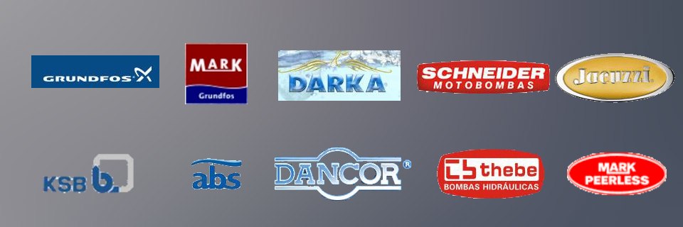 Logotipos das marcas: Grundfos, Mark, Darka, Schneider, Jacuzzi, KSB, ABS, Dancor, Thebe e Mark Peerless